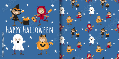 Halloween banner and seamless pattern of Little girl in Halloween costumes, collection of girl in witch, devil, Halloween pumpkin and vampire costumes on blue background with white stars.