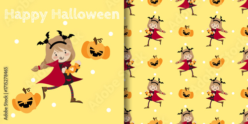 Halloween banner and seamless pattern. Girl in Vampire costume with red cloak and bat headband holding a orange candy, Halloween pumpkins and Happy Halloween text on yellow background with white dots.