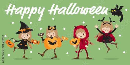 Little girl in Halloween costumes, collection of girl in witch, devil, Halloween pumpkin and vampire costumes with cute ghost, candy and black cat with bat wings. and Happy Halloween text.