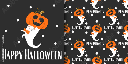 Halloween banner and seamless pattern. Cute little ghost wearing Halloween pumpkin hat and Happy Halloween text on black background with white dots.