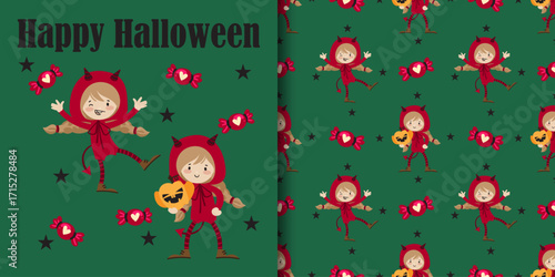 Halloween banner and seamless pattern. Little girl in red devil costume holding Halloween pumpkin, Happy Halloween text on green background with red candies and black stars.