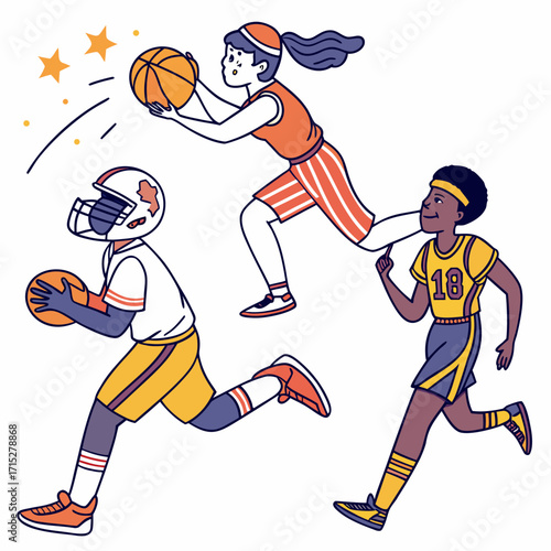 Diverse group of young athletes playing basketball and american football in a dynamic illustration