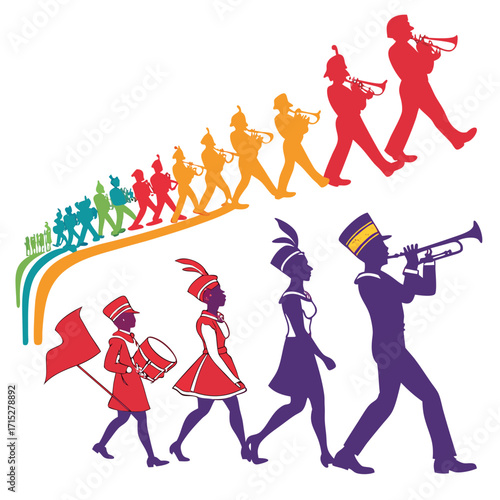 Diverse marching band members in colorful silhouettes playing instruments and carrying flags in a parade formation