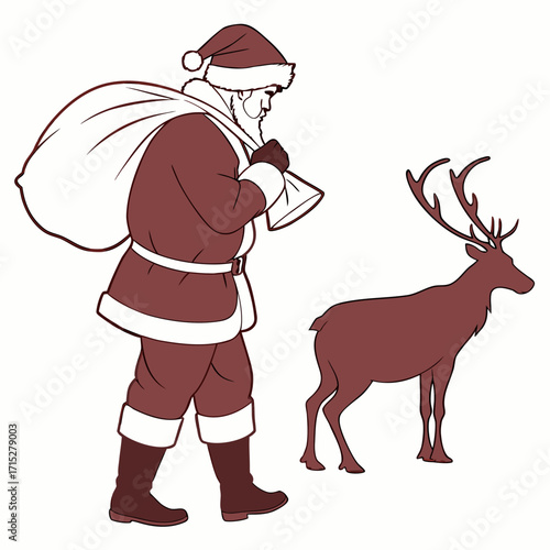 Santa claus with a large sack of gifts walking alongside a majestic reindeer with impressive antlers