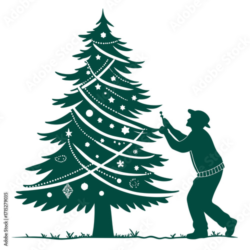 Silhouette of a person decorating a christmas tree with ornaments and lights on a white background