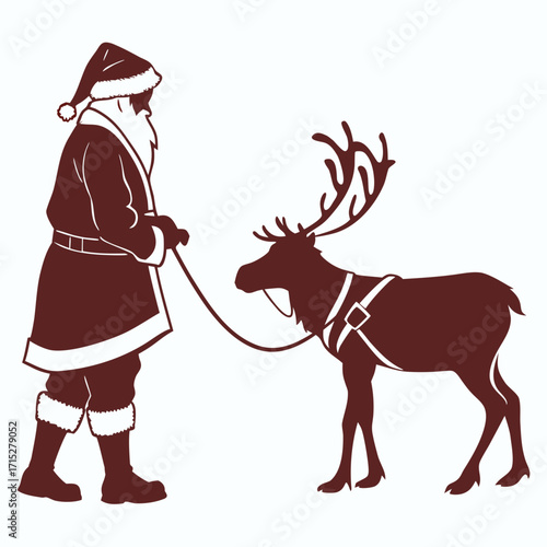 Silhouette of santa claus holding a leash attached to a reindeer with antlers and a harness