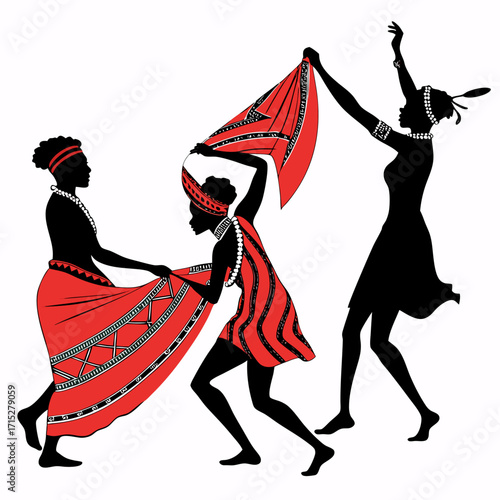 Three african women in traditional red and black attire dancing gracefully with fabric in a celebratory cultural performance