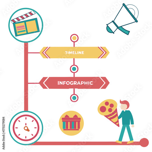 Visual representation of a timeline and infographic with icons for film time gifts and a megaphone