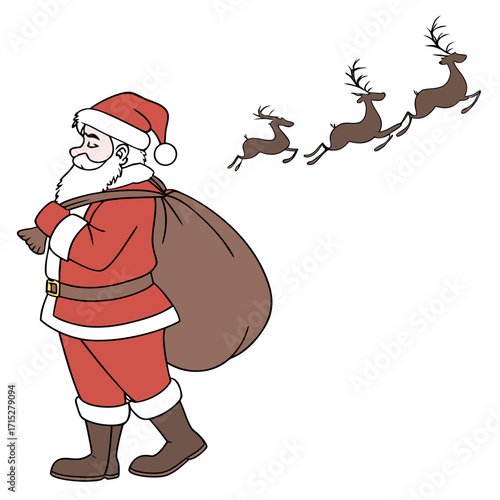 Whimsical cartoon illustration of santa claus carrying a large sack of presents with his reindeer flying behind him
