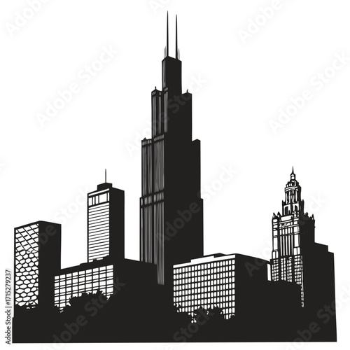 Iconic chicago skyline silhouette featuring tall skyscrapers and distinctive architecture against a white background