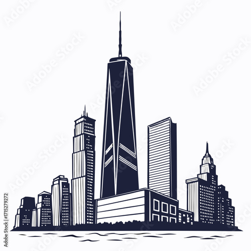 Iconic new york city skyline silhouette featuring the freedom tower and surrounding skyscrapers against a white background