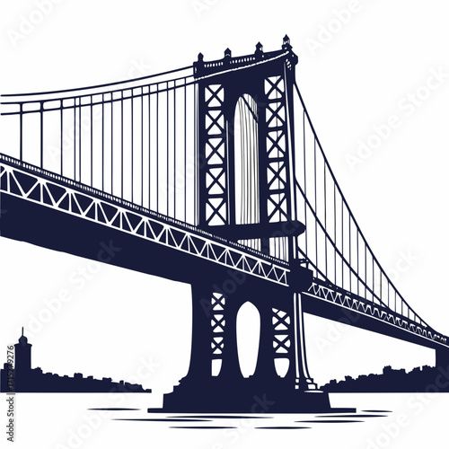 Iconic manhattan bridge silhouette against a white background with distant city skyline and water