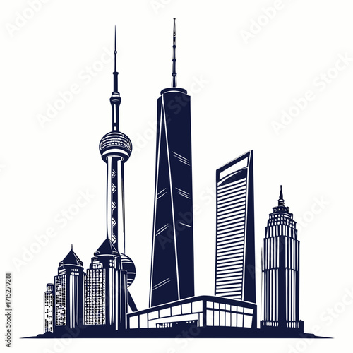 Iconic modern city skyline silhouette featuring famous skyscrapers from different global cities in dark blue