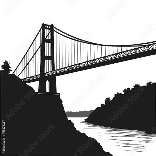 Iconic suspension bridge silhouette spanning a river between rocky tree lined shores under a bright sky