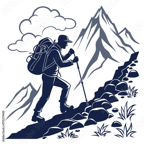 Silhouette of a lone hiker with a large backpack and trekking pole ascending a rocky mountain path towards majestic peaks under a cloudy sky