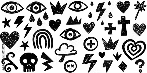 Collection of hand drawn black and white doodle icons featuring hearts eyes lightning bolts and skulls