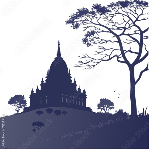 Silhouette of a majestic temple structure nestled on a hill with a large tree and birds flying in the sky