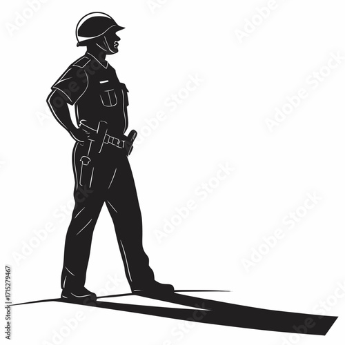 Silhouette of a police officer standing with hands on hips wearing a helmet and utility belt with equipment