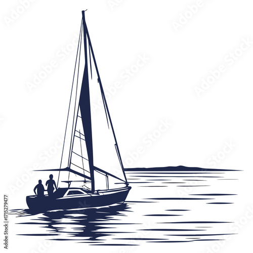 Silhouette of a sailboat with two people on board sailing on calm water with distant land on the horizon
