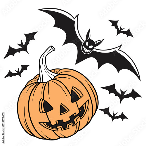 Spooky halloween jack o lantern pumpkin with a scary grinning face surrounded by flying bats on a white background