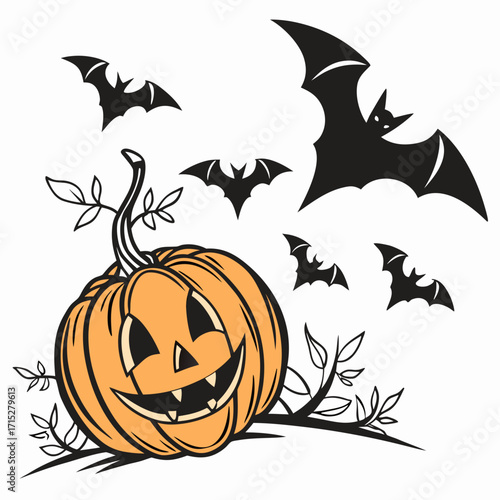 Spooky halloween jack o lantern pumpkin with grinning face surrounded by flying bats and autumn branches on white background