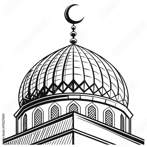 Stylized black and white illustration of a mosque dome with a crescent moon and star symbol at the apex