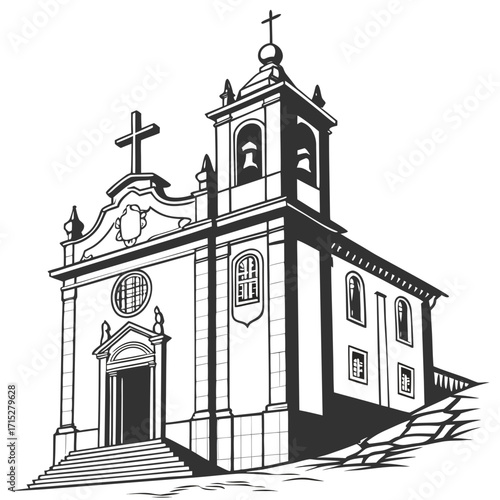 Stylized black and white illustration of a traditional church building with a bell tower and cross against a white background