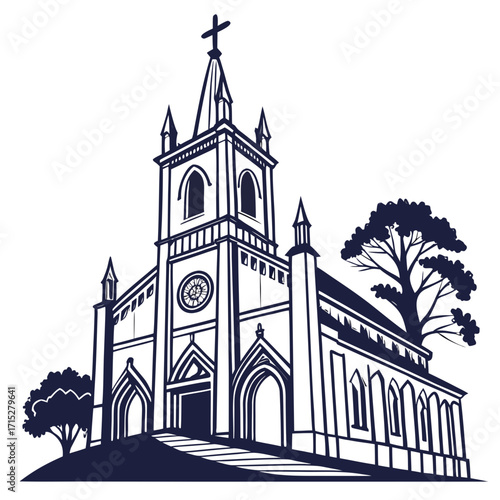 Stylized silhouette of a gothic revival church with steeple and clock tower surrounded by trees