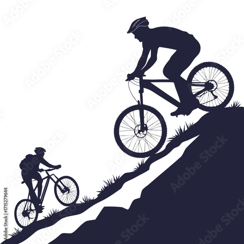 Two silhouettes of mountain bikers riding down a steep rocky hillside with grass against a white background