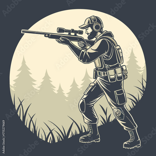 A determined soldier wearing tactical gear and headphones aims a sniper rifle in a forest setting under a large moon