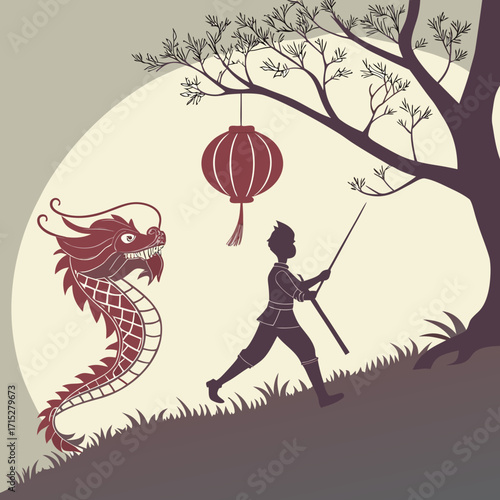 A stylized illustration depicts a brave warrior confronting a fierce dragon under a hanging lantern and a silhouetted tree