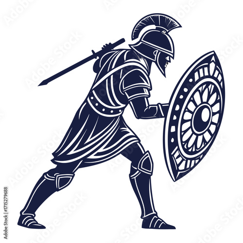 Ancient warrior in full armor with helmet sword and shield in defensive stance ready for battle
