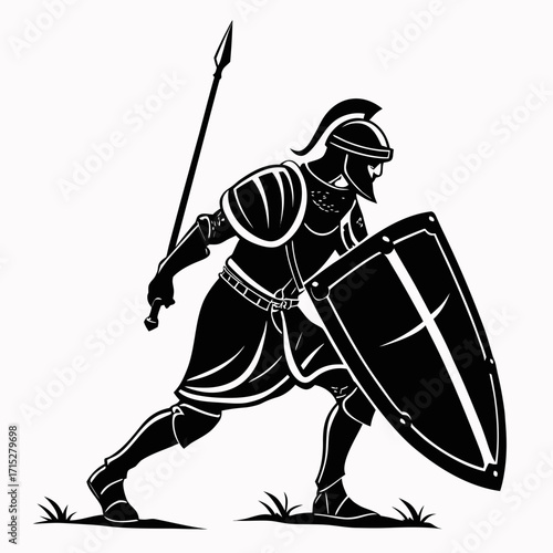 Black silhouette of a medieval knight in full armor holding a spear and shield ready for battle on white background