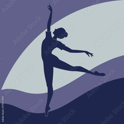 Elegant silhouette of a ballerina performing a graceful arabesque pose against a wavy abstract background