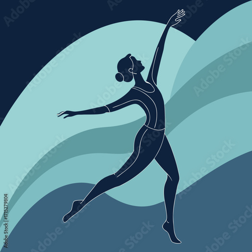 Elegant silhouette of a ballerina in motion against a stylized abstract background of blue and teal waves
