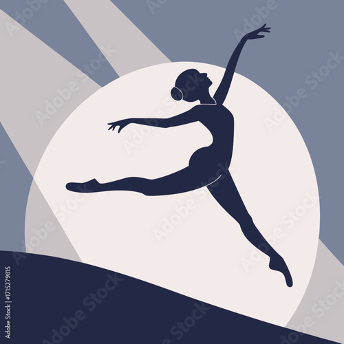 Elegant silhouette of a ballet dancer in mid leap against a softly lit stage background
