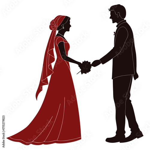 Elegant silhouette of a bride in a red dress and veil holding a bouquet facing her groom in a suit