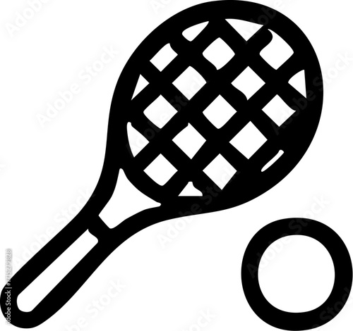 Simple Black Outline Tennis Racket and Ball Icon.