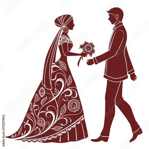 Elegant silhouette of a bride in a richly decorated gown receiving a bouquet from a groom in a suit