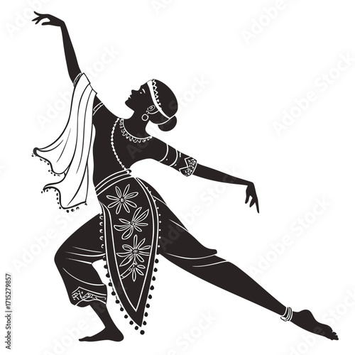 Elegant silhouette of a graceful indian dancer in traditional attire performing a classical dance pose with flowing movements