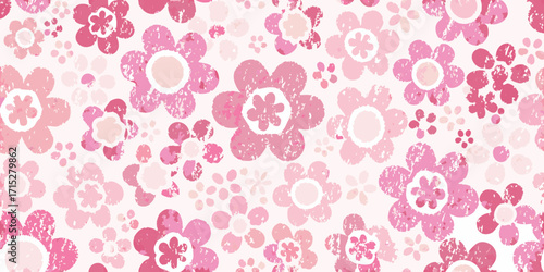 Seamless pattern of textured pink and white flowers in various sizes and shades
