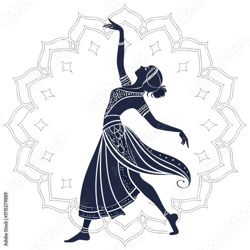 Elegant silhouette of an indian dancer in traditional attire gracefully performing a classical dance pose against a decorative mandala background