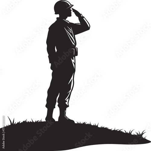Silhouette of a soldier in uniform saluting respectfully while standing on a grassy hill against a white background