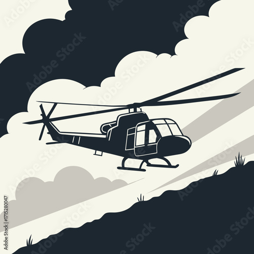 Silhouette of a military helicopter in flight against a dramatic sky with clouds and a hillside landscape
