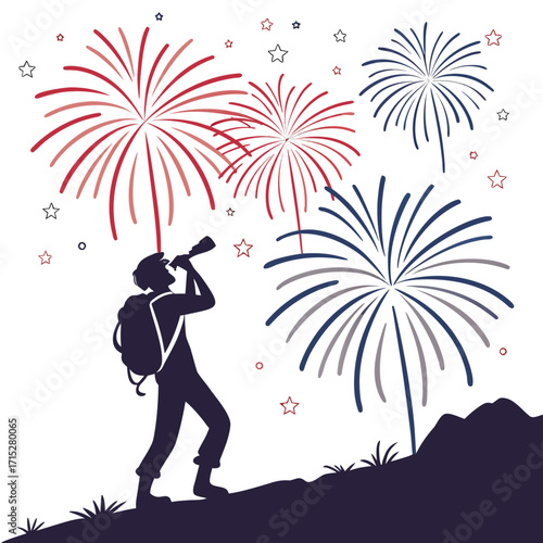 Silhouette of a person with a backpack looking through a telescope at a colorful fireworks display in the night sky
