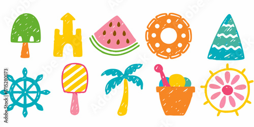 Collection of colorful hand drawn summer vacation icons including a tree sandcastle watermelon float ice cream palm tree and beach bucket
