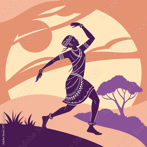 Silhouette of an african woman in traditional attire dancing joyfully in a savanna landscape at sunset