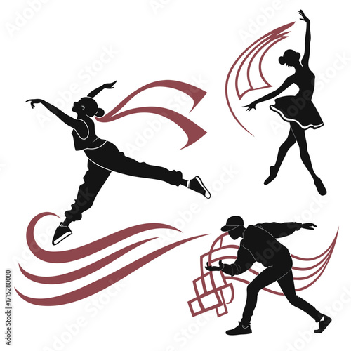 “Dynamic dance silhouette art: ballet dancer, hip-hop, contemporary, ballerina leaps, dancer poses in motion, elegant flowing movement icons for performing arts, stage design, dance studio branding”
