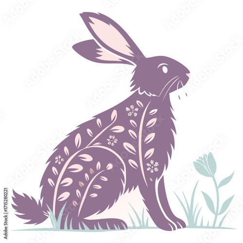 Stylized purple rabbit with floral patterns sitting in grass with a single pale blue tulip flower nearby
