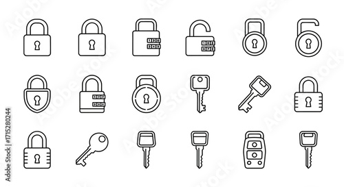 Collection of Line Art Padlocks and Keys.